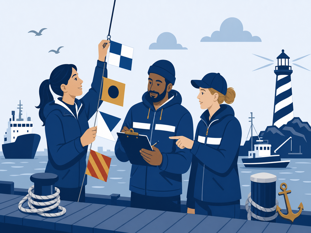 Three teammates on a dock coordinating with signal flags and a shared clipboard
