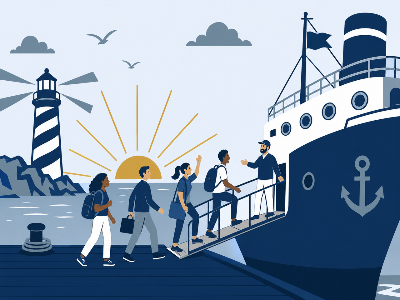 Enthusiastic team boarding a ship at harbor ready to set sail