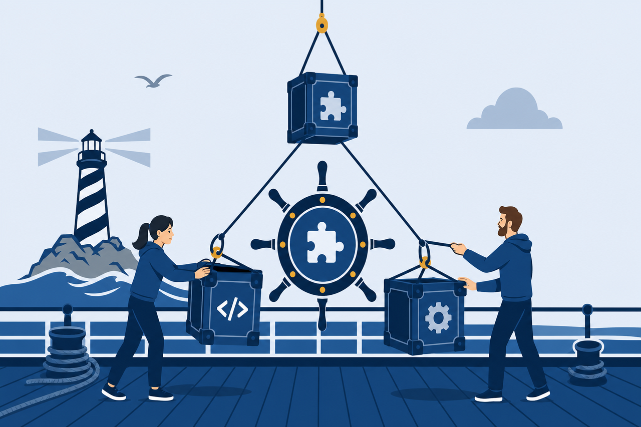 Developers on a ship deck connecting modular plugin crates to a central hub
