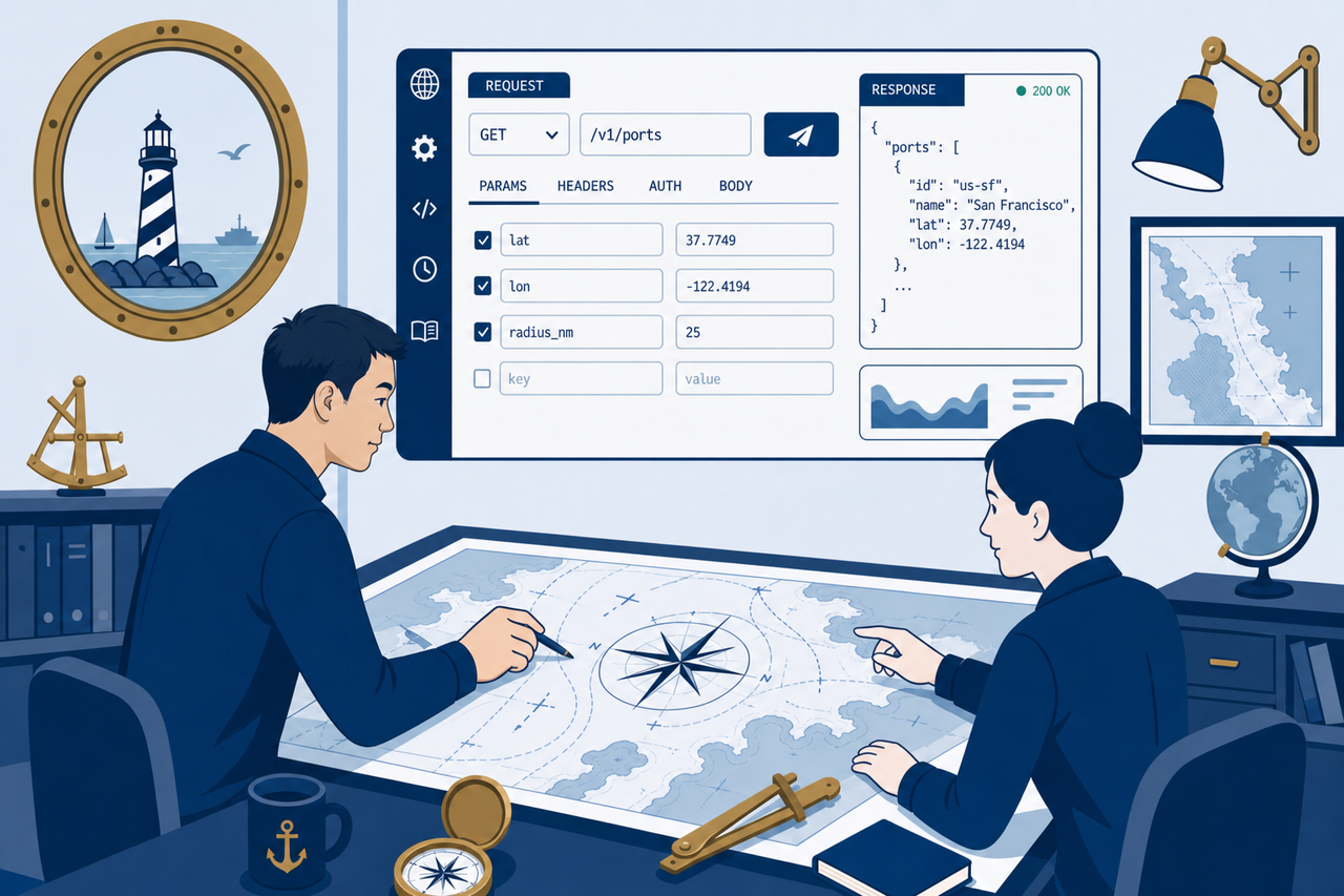 Two co-workers at a chart table with a compass rose and API request builder panels