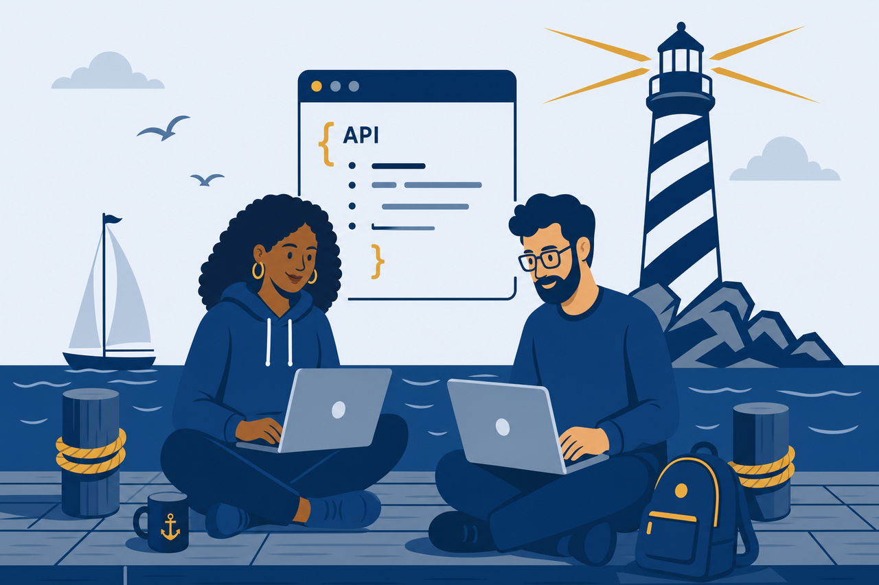 Two developers working on a harbor pier with laptops and a striped lighthouse in the background