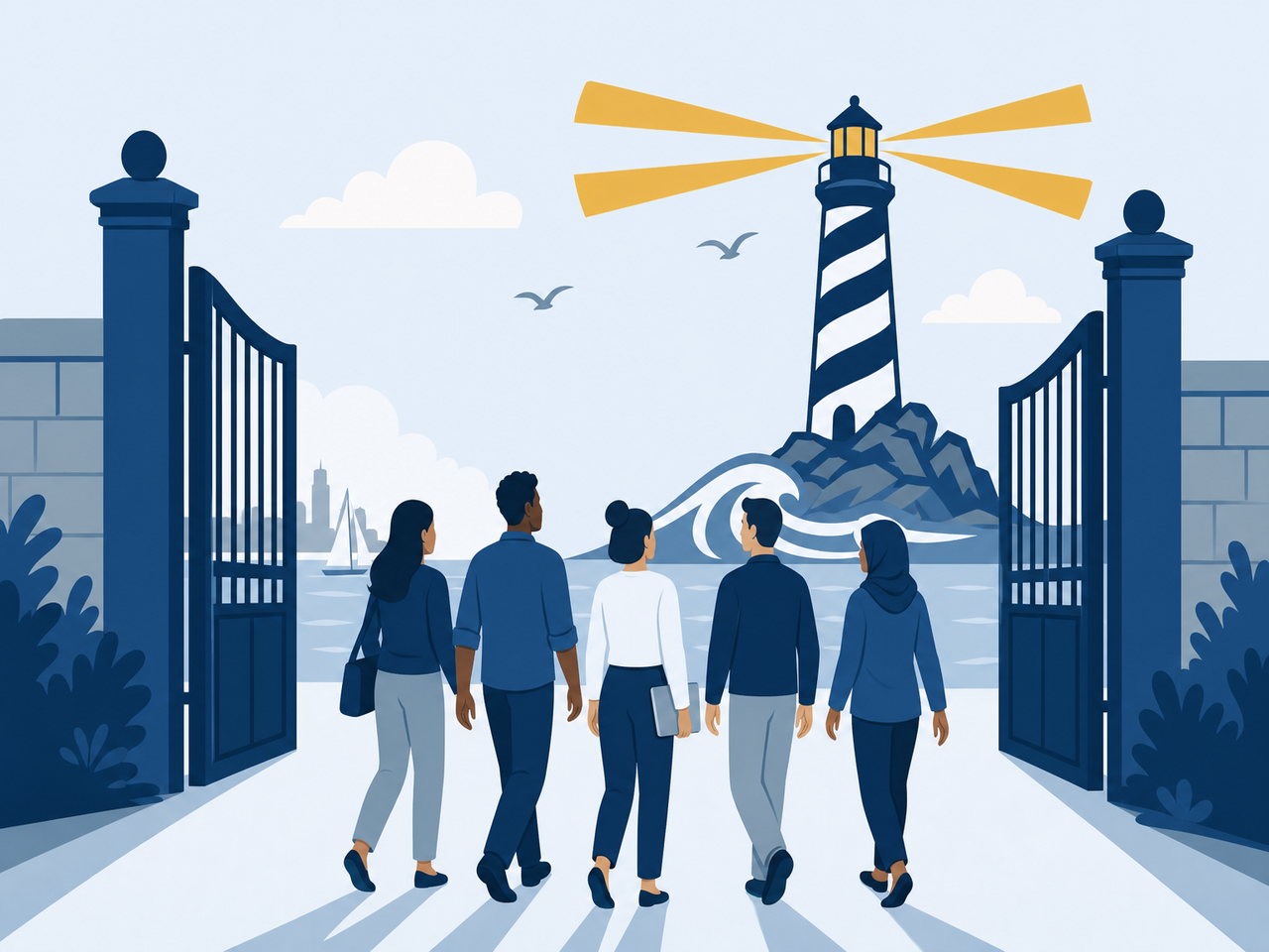 Team walking through an open harbor gate with a lighthouse beacon and no toll booth