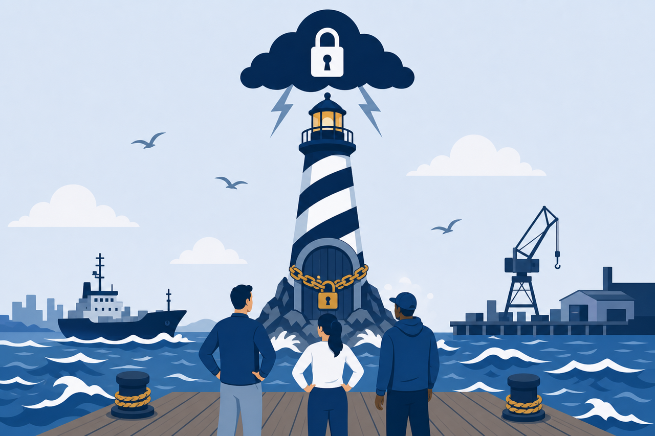 Team blocked at locked lighthouse doors wrapped in a gold chain under a storm cloud, representing vendor lock-in