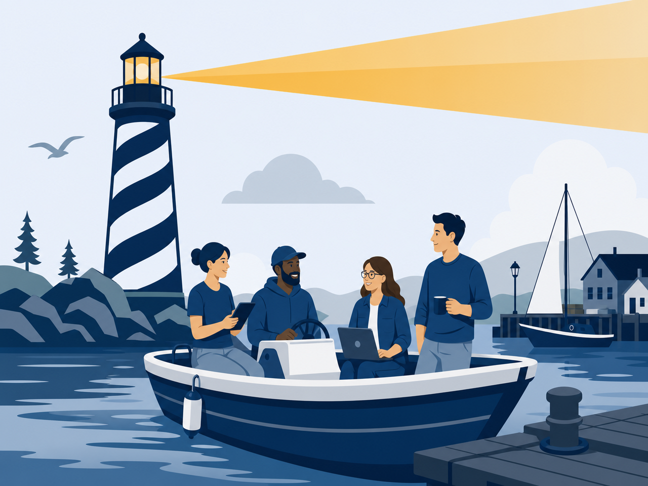Relaxed team safely inside a local harbor guided by a lighthouse beam