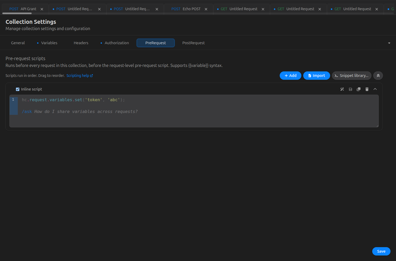 Collection settings: PreRequest
