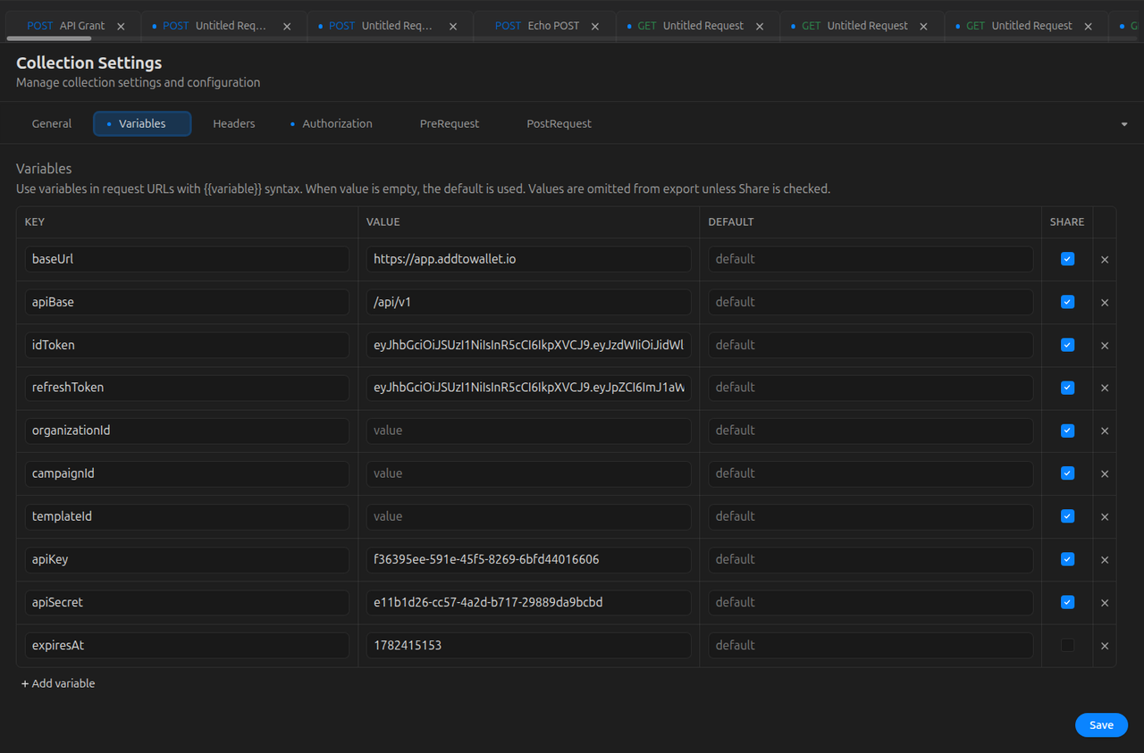 Collection settings: Variables