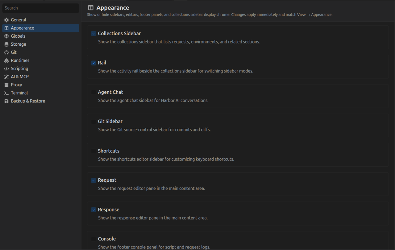 Screenshot of Settings Appearance